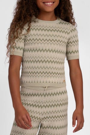 ajour T-shirt met grafische print en glitters - groen