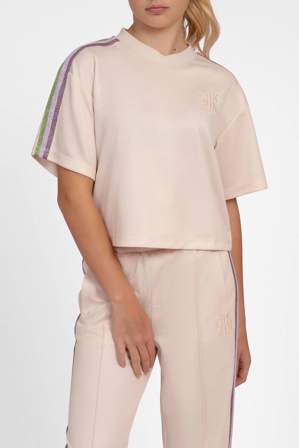 Beige meisjes NIK&NIK boxy T-shirt en contrastbies van polyester met logo dessin, korte mouwen en V-hals