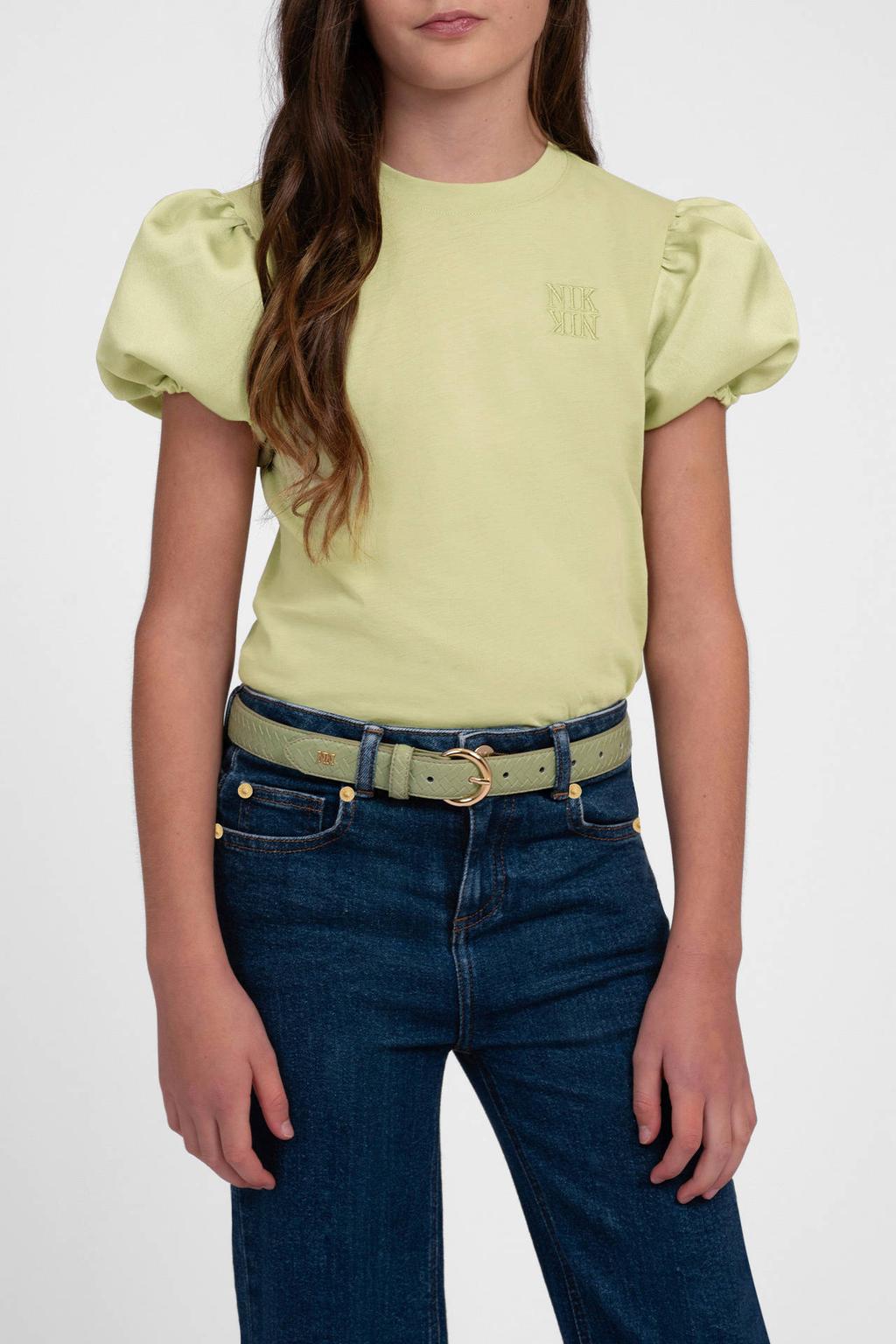 Lichtgroene meisjes NIK&NIK T-shirt van katoen met effen, korte mouwen, ronde hals en borduursels