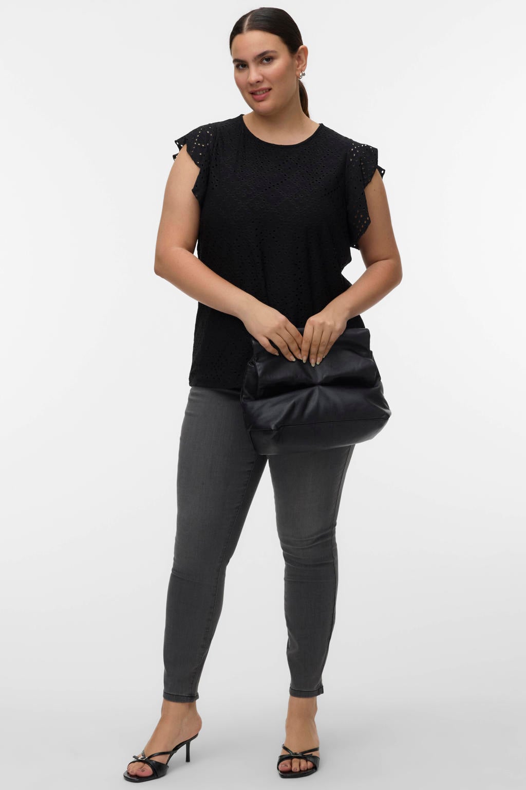 Zwarte dames VERO MODA CURVE T-shirt van polyester met effen, korte mouwen en ronde hals