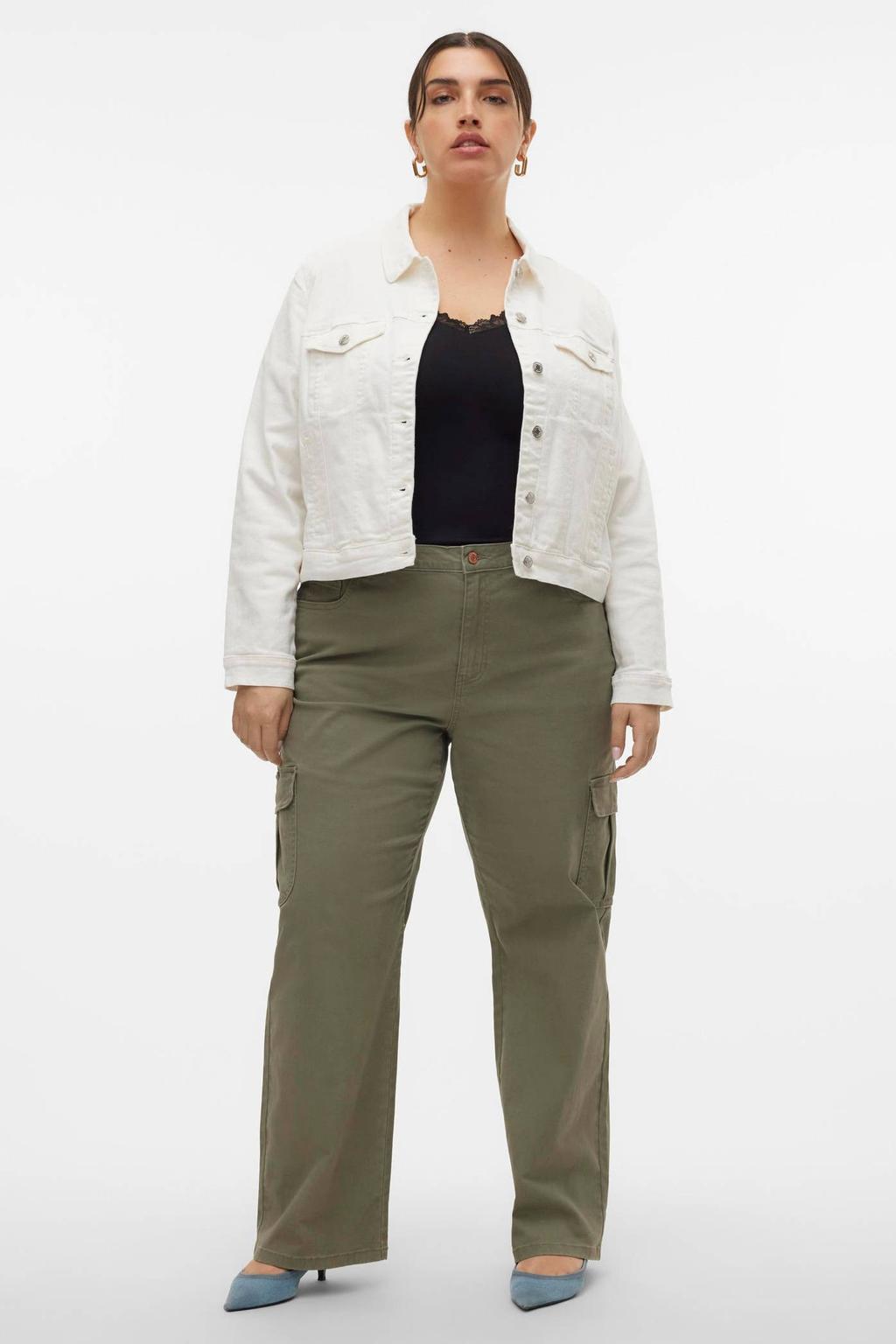 Witte dames VERO MODA CURVE spijkerjas van denim met effen, lange mouwen, klassieke kraag en knoopsluiting