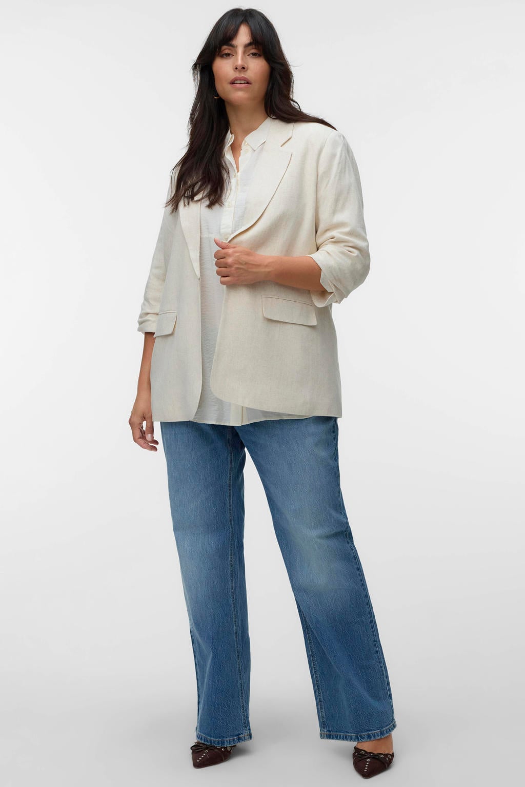 Witte dames VERO MODA CURVE regular blazer van viscose met effen, lange mouwen, reverskraag, knoopsluiting en geweven detail