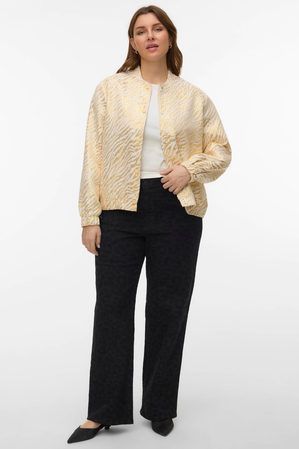 Lichtgele dames VERO MODA CURVE bomberjack van polyester met zebraprint, lange mouwen, ronde hals en knoopsluiting
