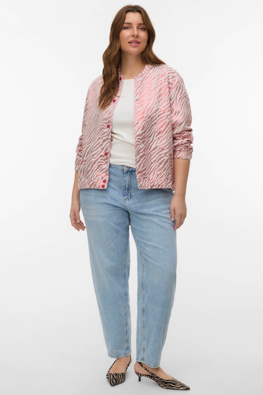 Roze dames VERO MODA CURVE bomberjack van polyester met zebraprint, lange mouwen, ronde hals en knoopsluiting