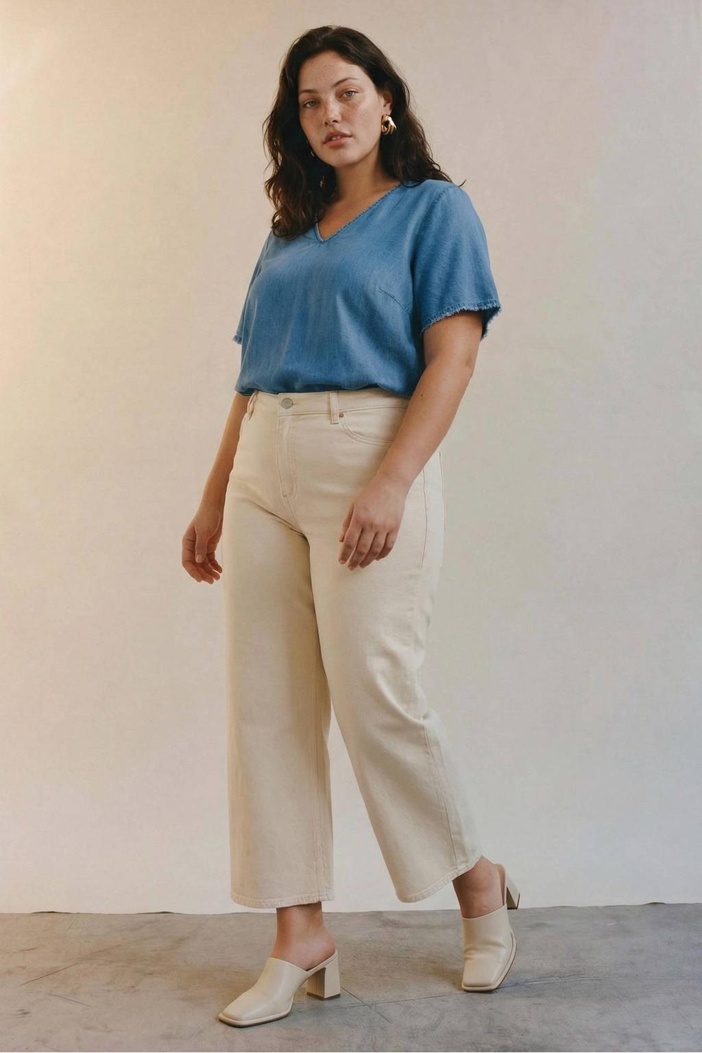Medium blue denim dames VERO MODA CURVE top van lyocell met effen, korte mouwen en V-hals