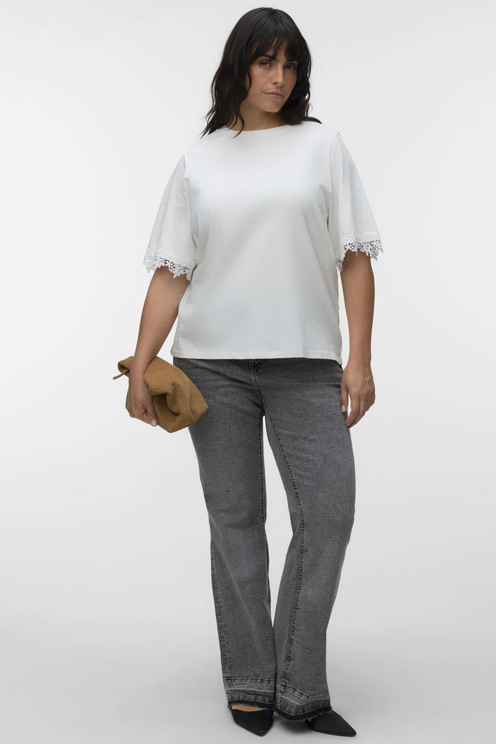 Witte dames VERO MODA CURVE top met effen, korte mouwen, ronde hals en kant