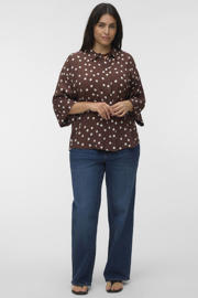 thumbnail: Bruin en witte dames VERO MODA CURVE blouse Plus Size van viscose met stippenprint, driekwart mouwen, klassieke kraag, knoopsluiting en geweven detail