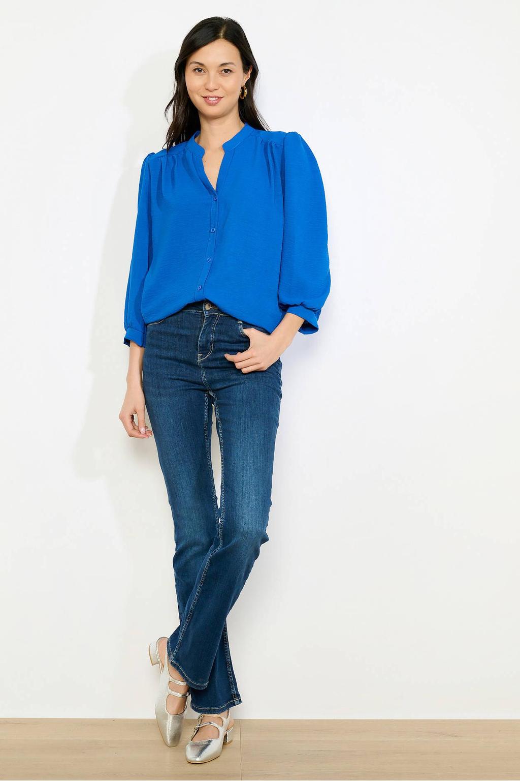 Blauwe dames LOLALIZA top van polyester met effen, driekwart mouwen en mao kraag
