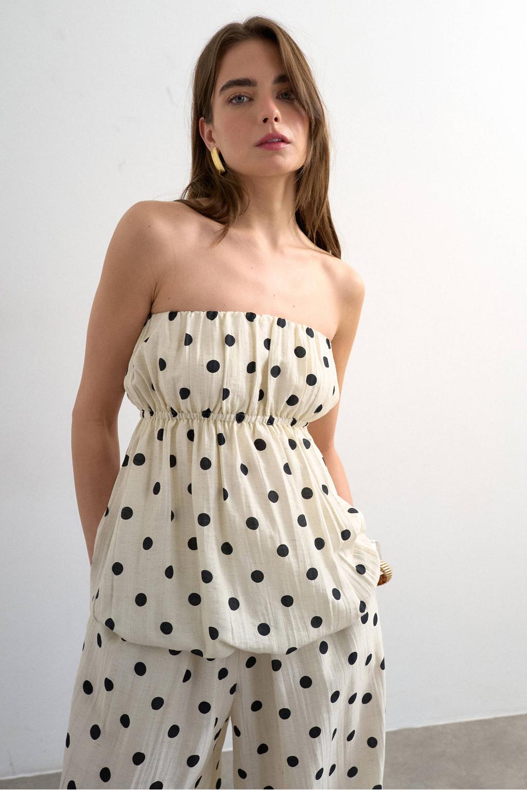 Ecru dames TOPSHOP top van viscose met stippenprint, strapless hals en elastische boord