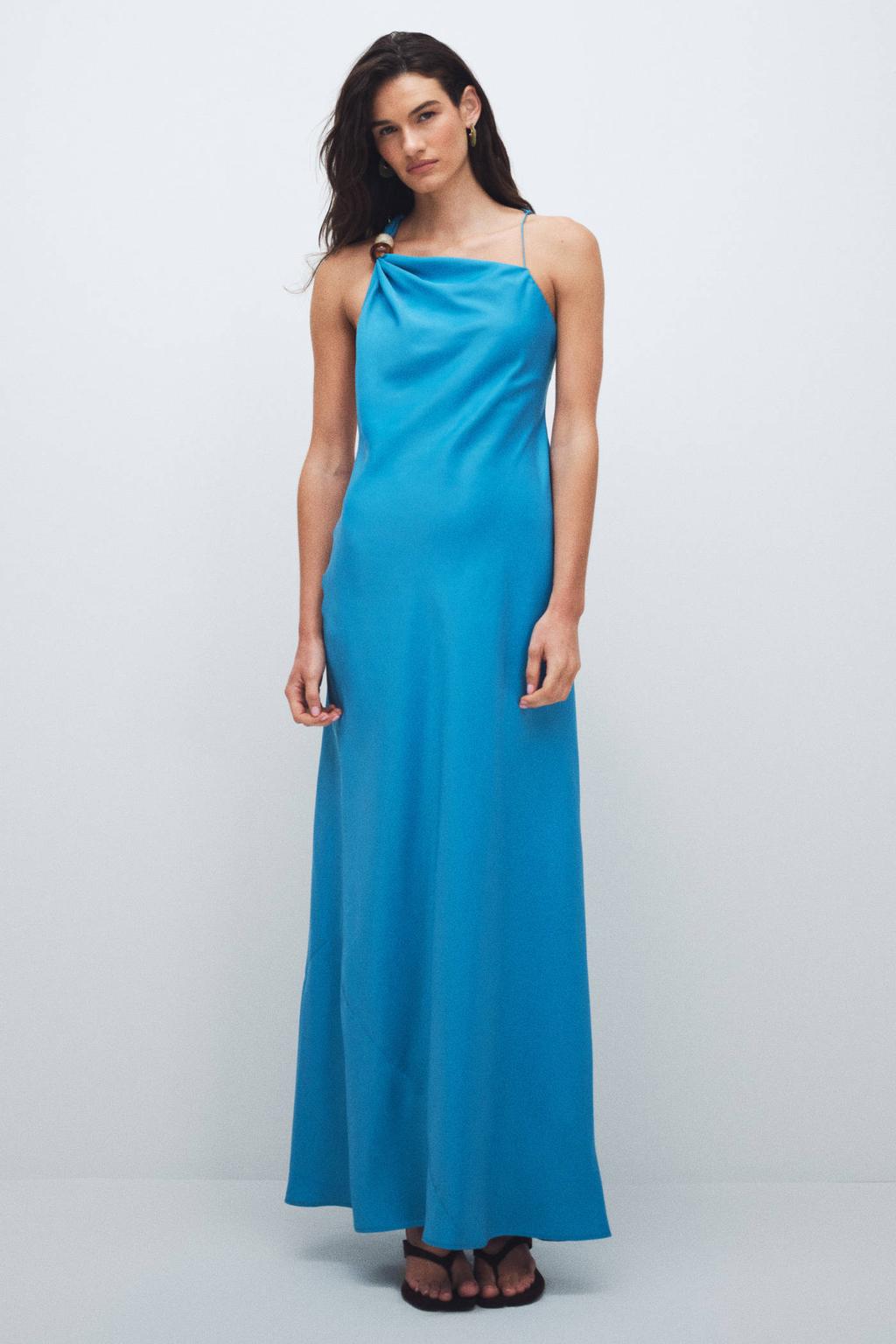Blauwe dames TOPSHOP maxi jurk van polyester met effen, ronde hals en geweven detail