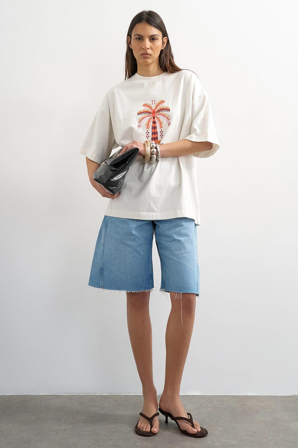Witte dames TOPSHOP T-shirt van katoen met effen, korte mouwen, ronde hals en borduursels