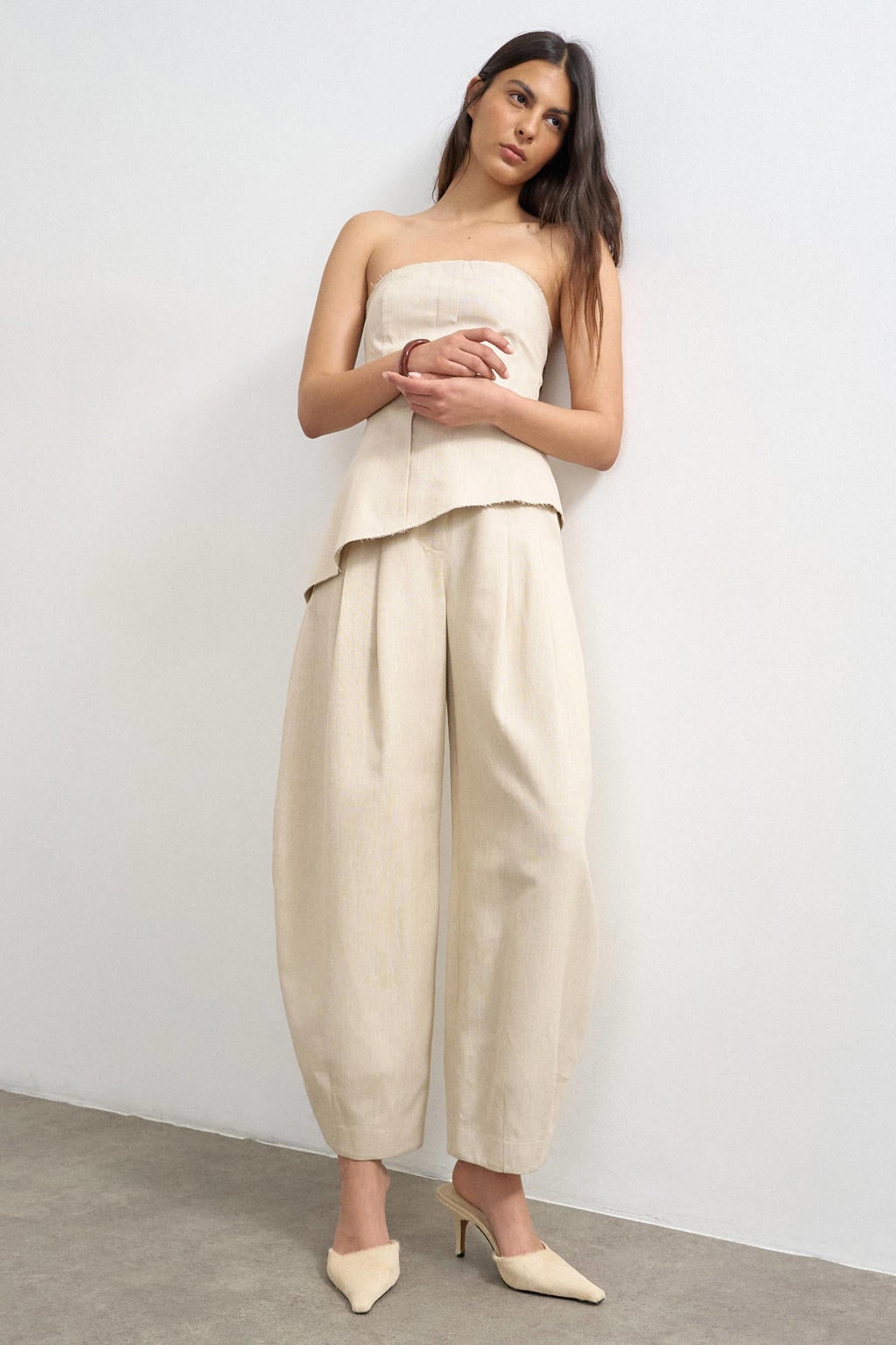 Ecru dames TOPSHOP barrel fit broek en linnen van polyester met regular waist