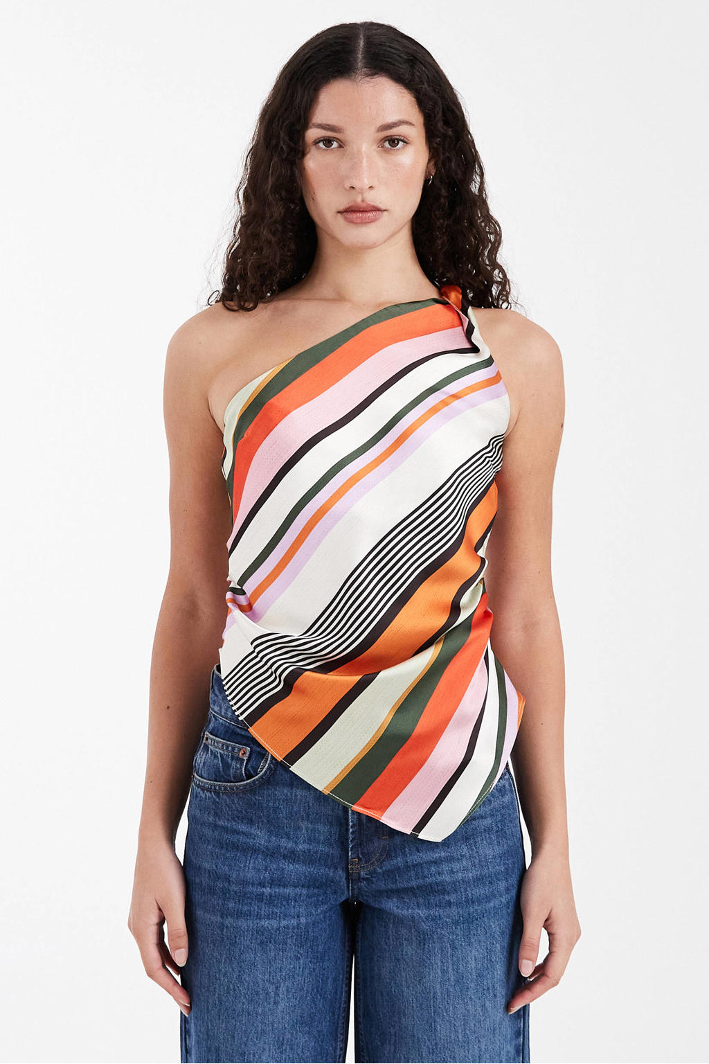Multikleurige dames TOPSHOP gestreepte asymmetrische top van polyester met one shoulder