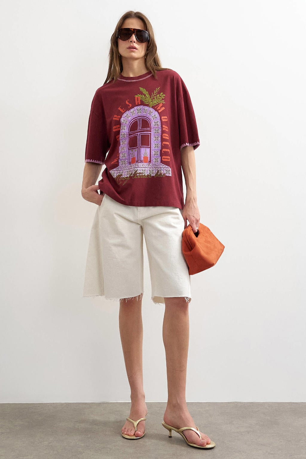 Donkerrode dames TOPSHOP T-shirt van katoen met printopdruk, korte mouwen en ronde hals