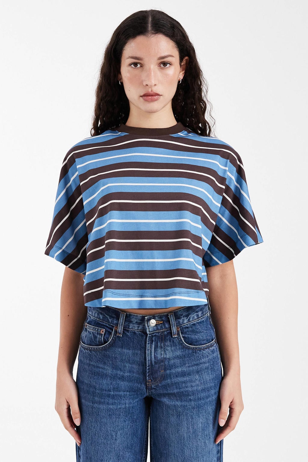 Lichtblauwe dames TOPSHOP gestreept T-shirt van katoen met korte mouwen en ronde hals