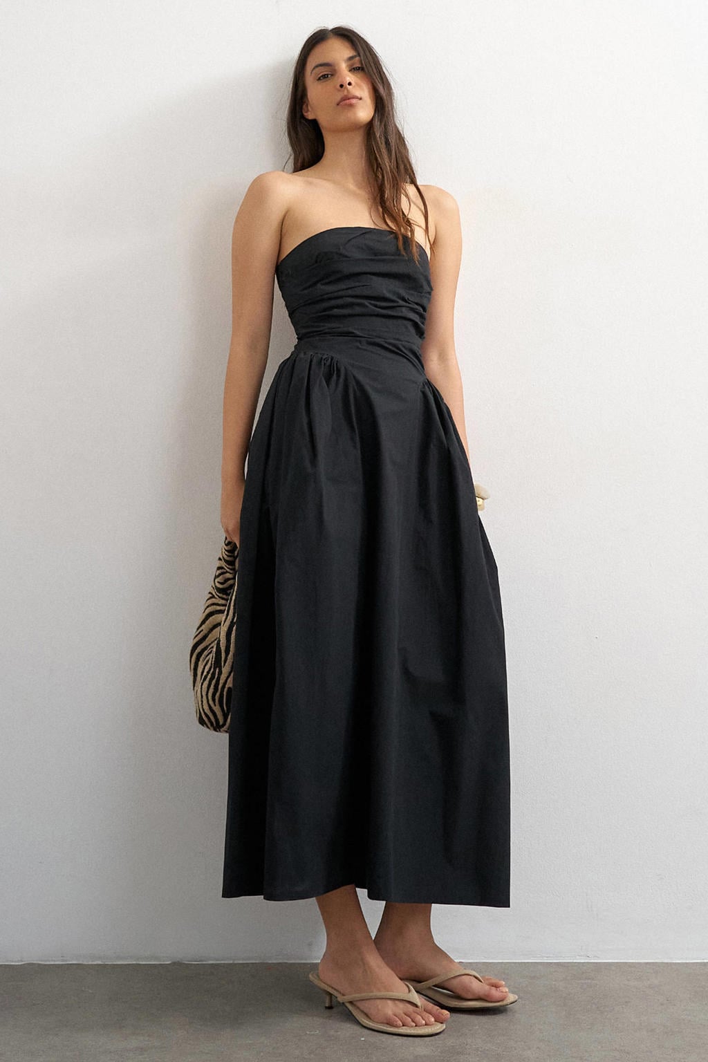Zwarte dames TOPSHOP off shoulder jurk van katoen met ritssluiting en plooien