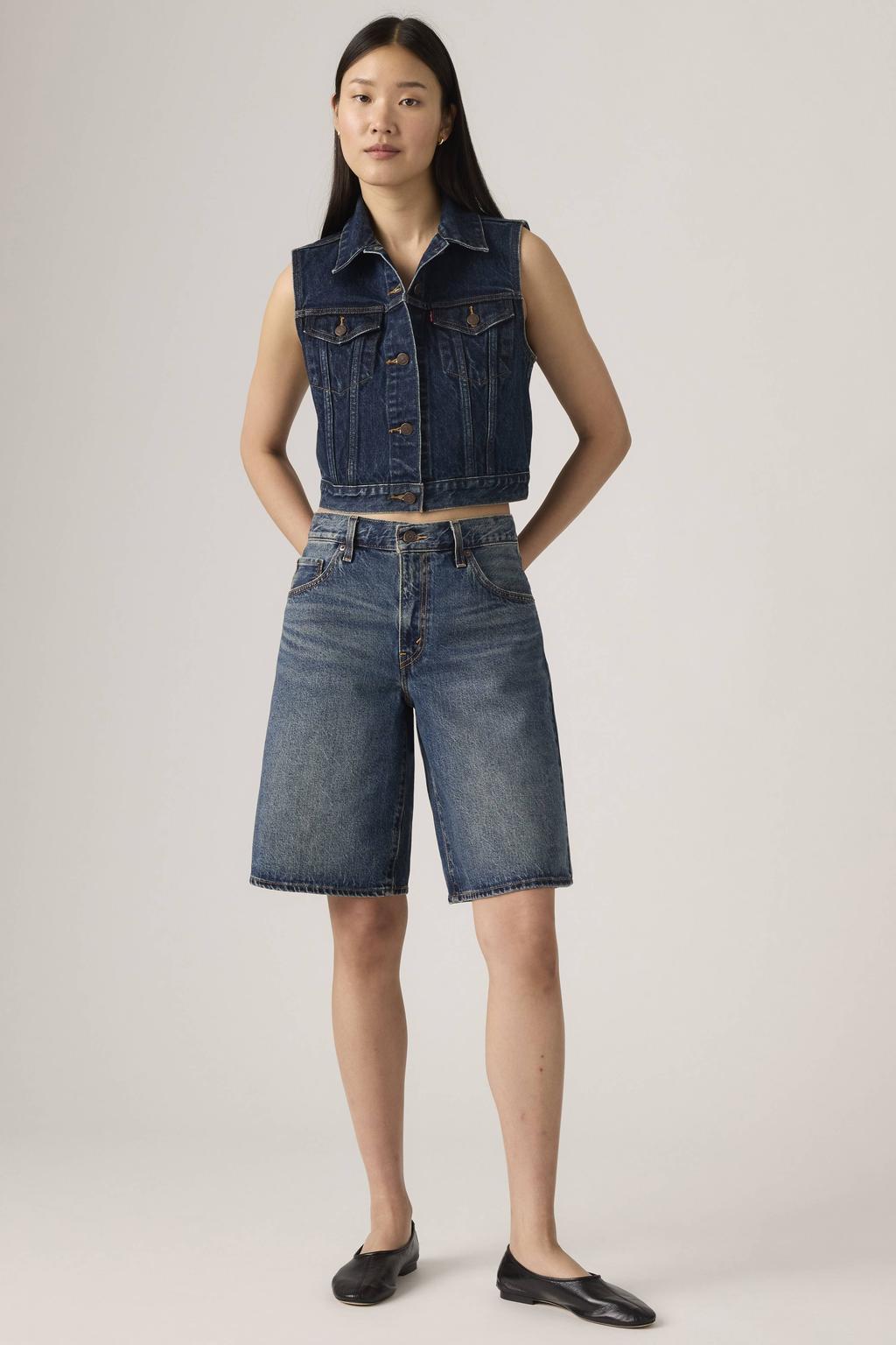 Dark blue denim dames Levi's wide leg regular waist short dark blue van denim met knoopsluiting en effen