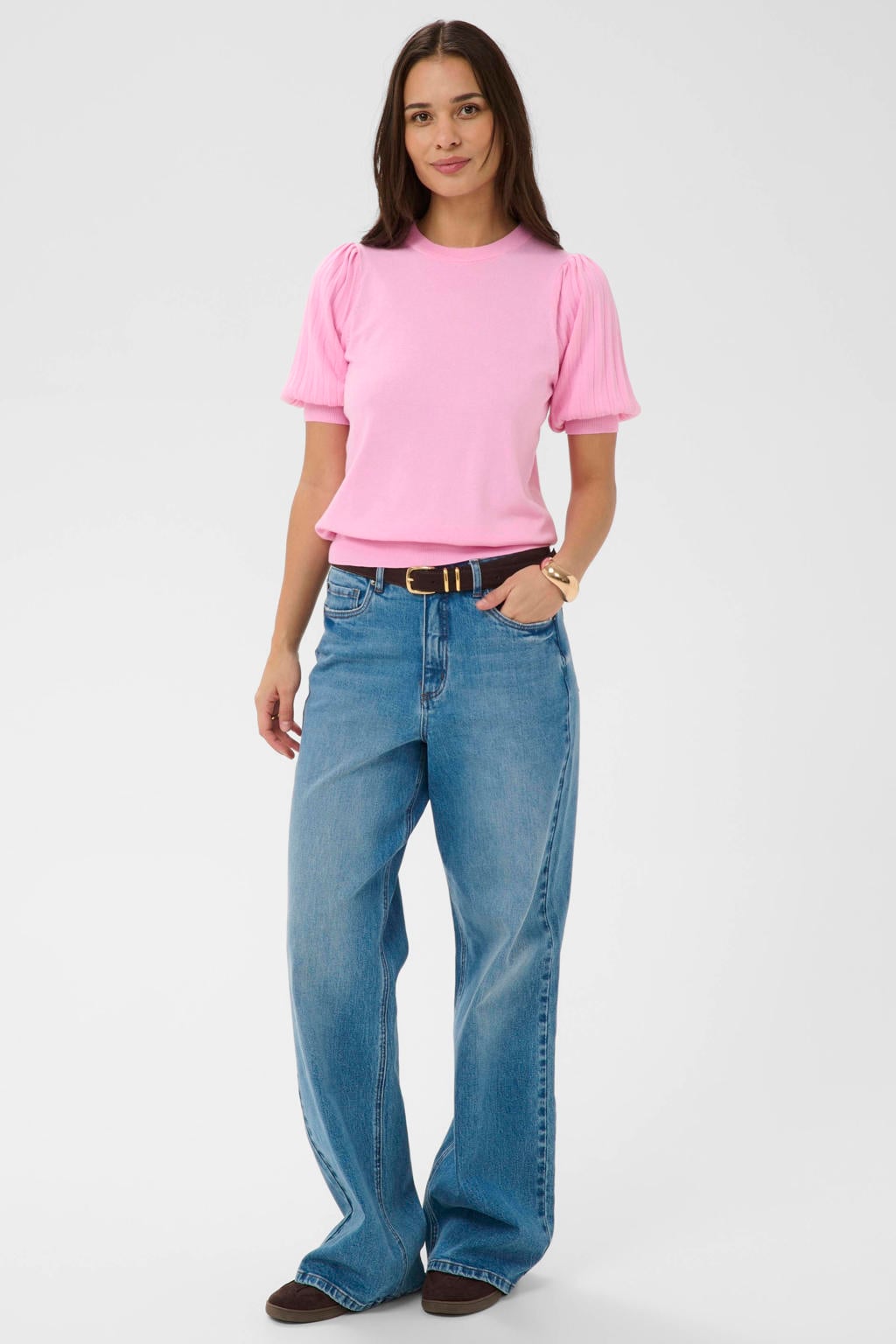 Roze dames Kaffe top van viscose met effen, korte mouwen, ronde hals en geribde boorden
