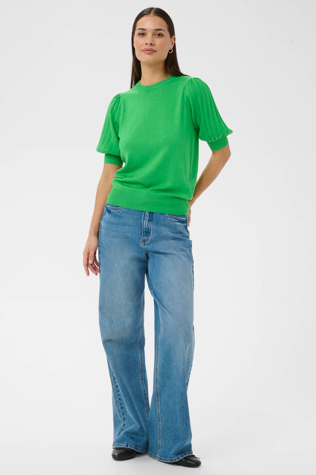 Groene dames Kaffe top van viscose met effen, korte mouwen, ronde hals en geribde boorden