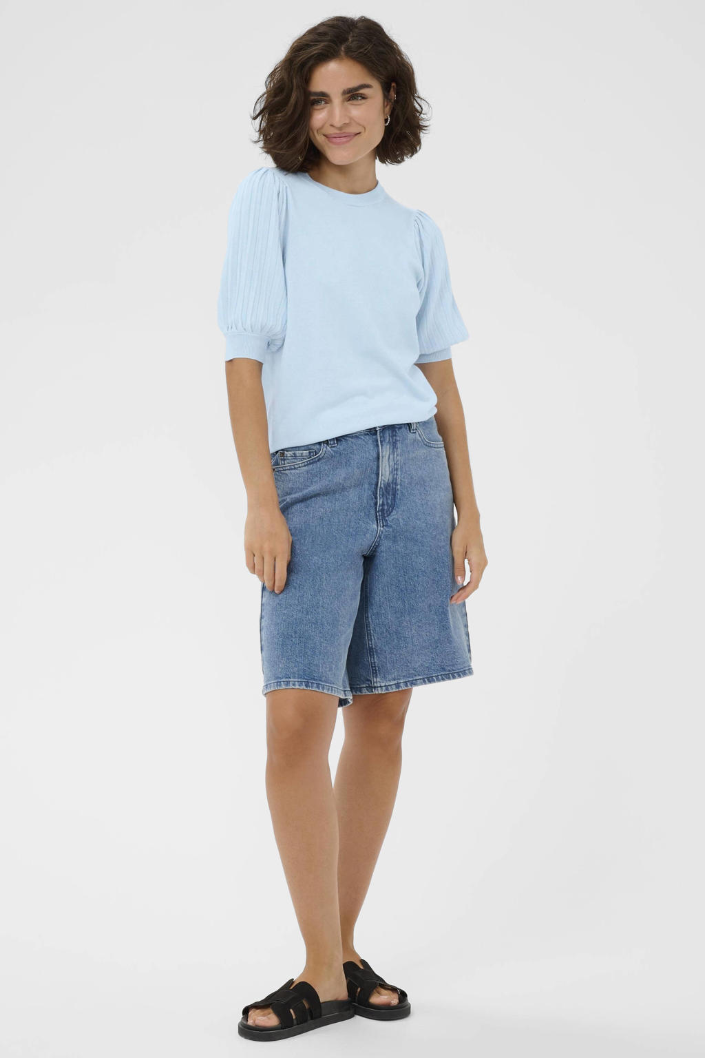Lichtblauwe dames Kaffe top van viscose met effen, korte mouwen, ronde hals en geribde boorden