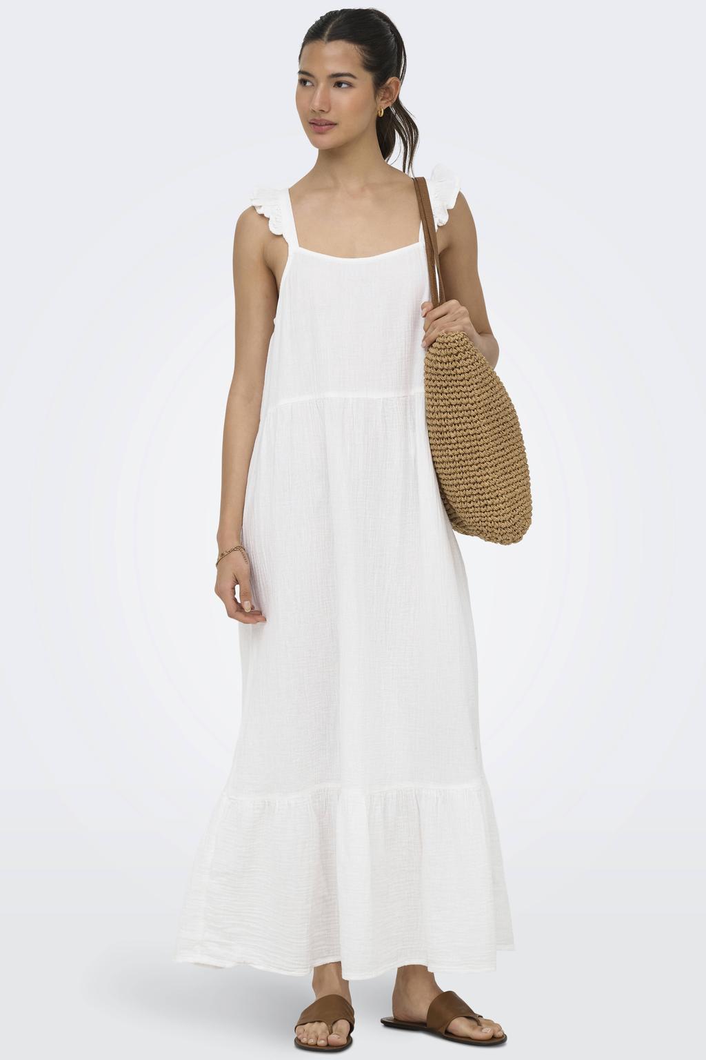 Ecru dames ONLY midi jurk van katoen met effen, vierkante hals, striksluiting en geweven detail