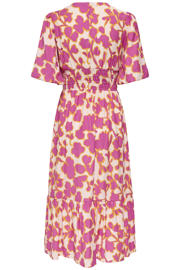 thumbnail: Roze, ecru en gele dames ONLY gebloemde midi jurk van viscose met korte mouwen en V-hals