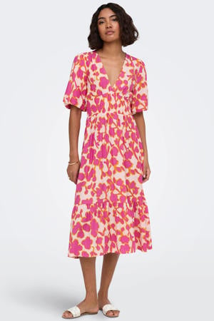 gebloemde midi jurk roze