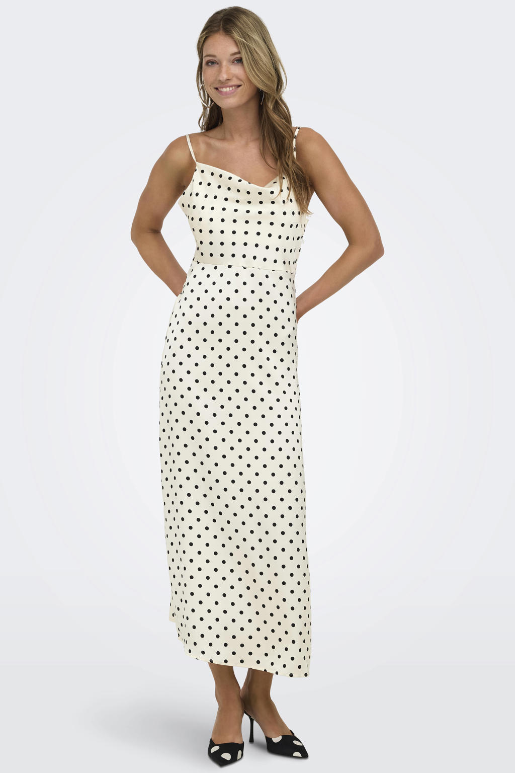 Ecru en zwarte dames ONLY zomerjurk van polyester met stippenprint, vierkante hals en geweven detail