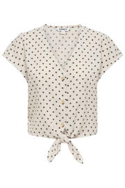 thumbnail: Ecru en zwarte dames ONLY blouse van polyester met stippenprint, korte mouwen, V-hals, knoopsluiting en knoopdetail