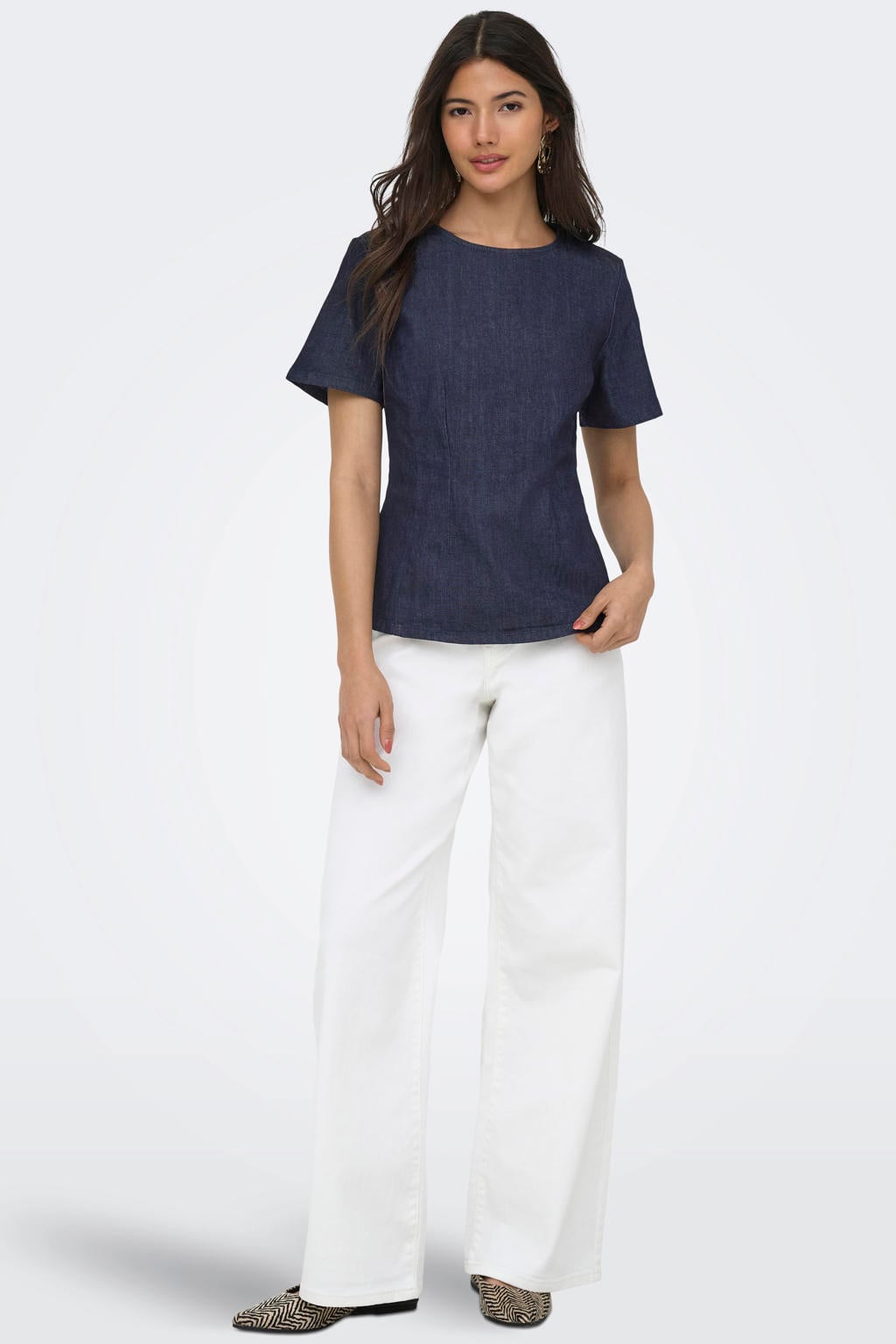 Dark blue denim dames ONLY top dark blue met effen, korte mouwen en ronde hals
