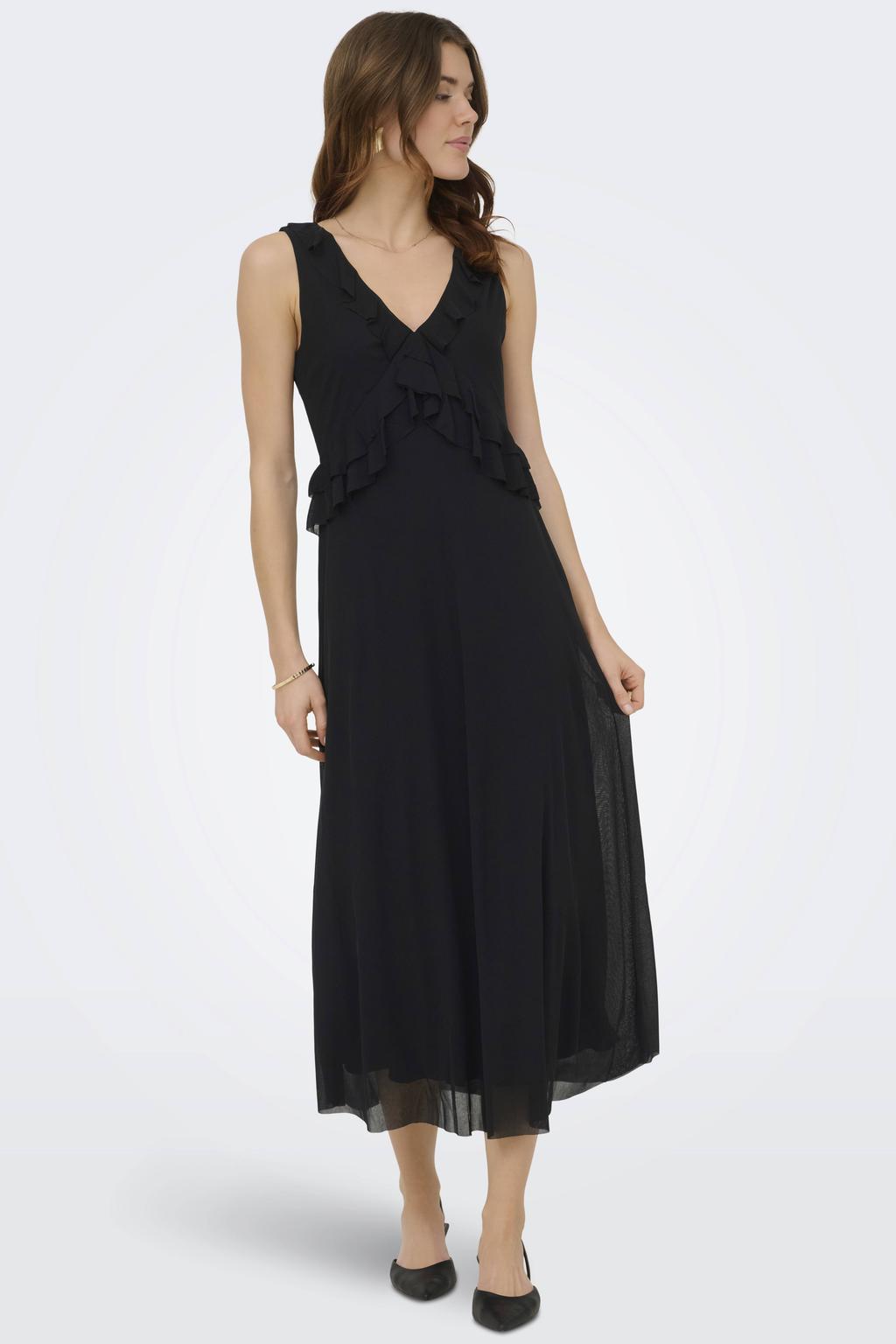 Zwarte dames ONLY midi jurk van polyester met effen, V-hals en geweven detail