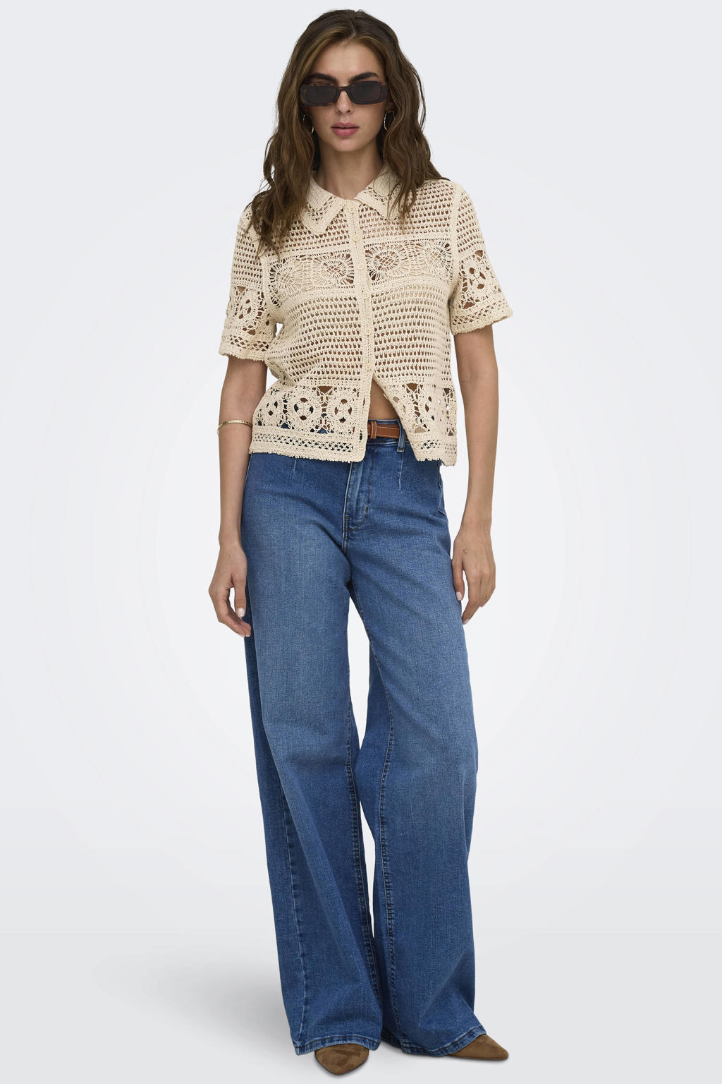 Crème dames ONLY top crochet crème met effen, korte mouwen en klassieke kraag