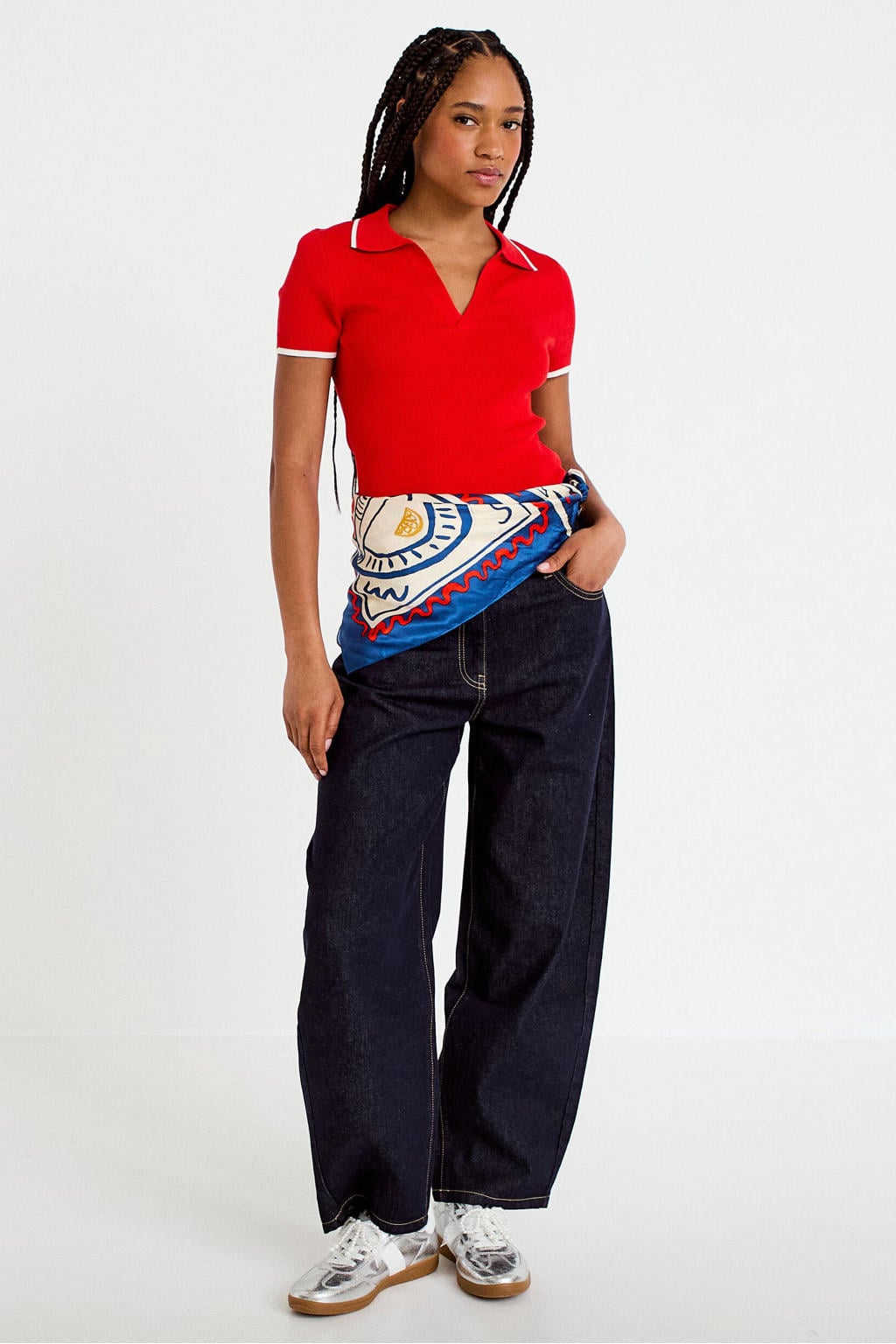 Rood en ecru dames Cache Cache gestreepte gebreide trui van viscose met korte mouwen en polo kraag