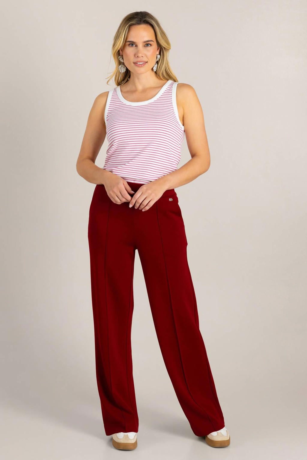 Donkerrode dames Ivy Beau broek van polyester met wijde pijpen, regular waist, elastische tailleband en effen