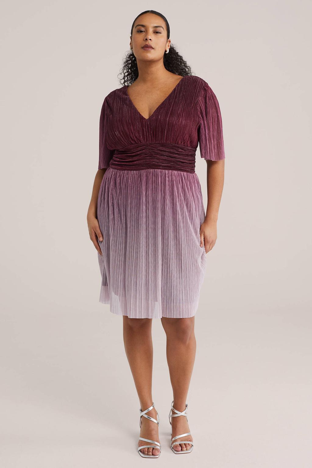 Rood en roze dames WE Fashion Curve midi jurk van polyester met effen, driekwart mouwen en V-hals