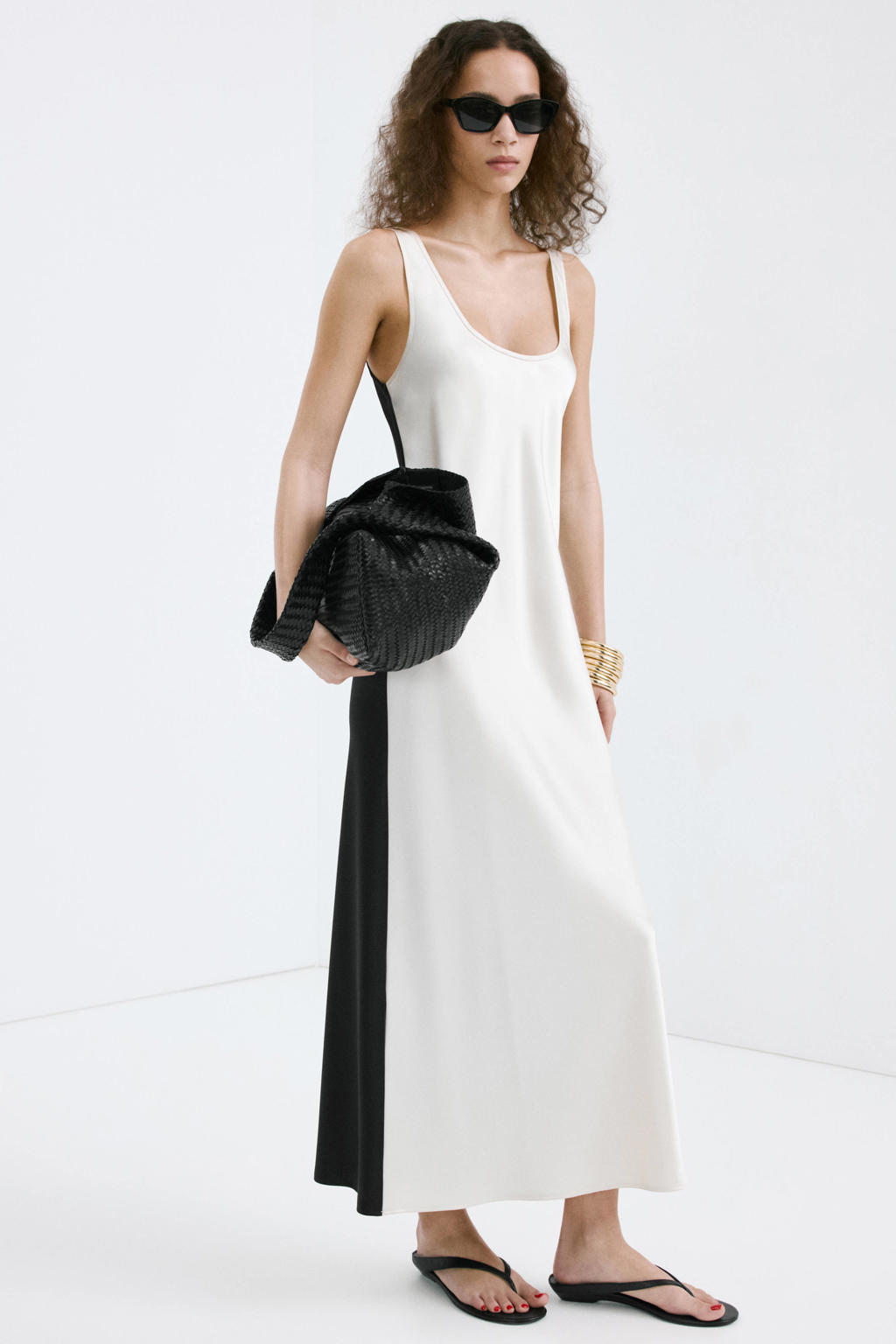 Beige en zwarte dames Mango maxi jurk van polyester met effen en ronde hals