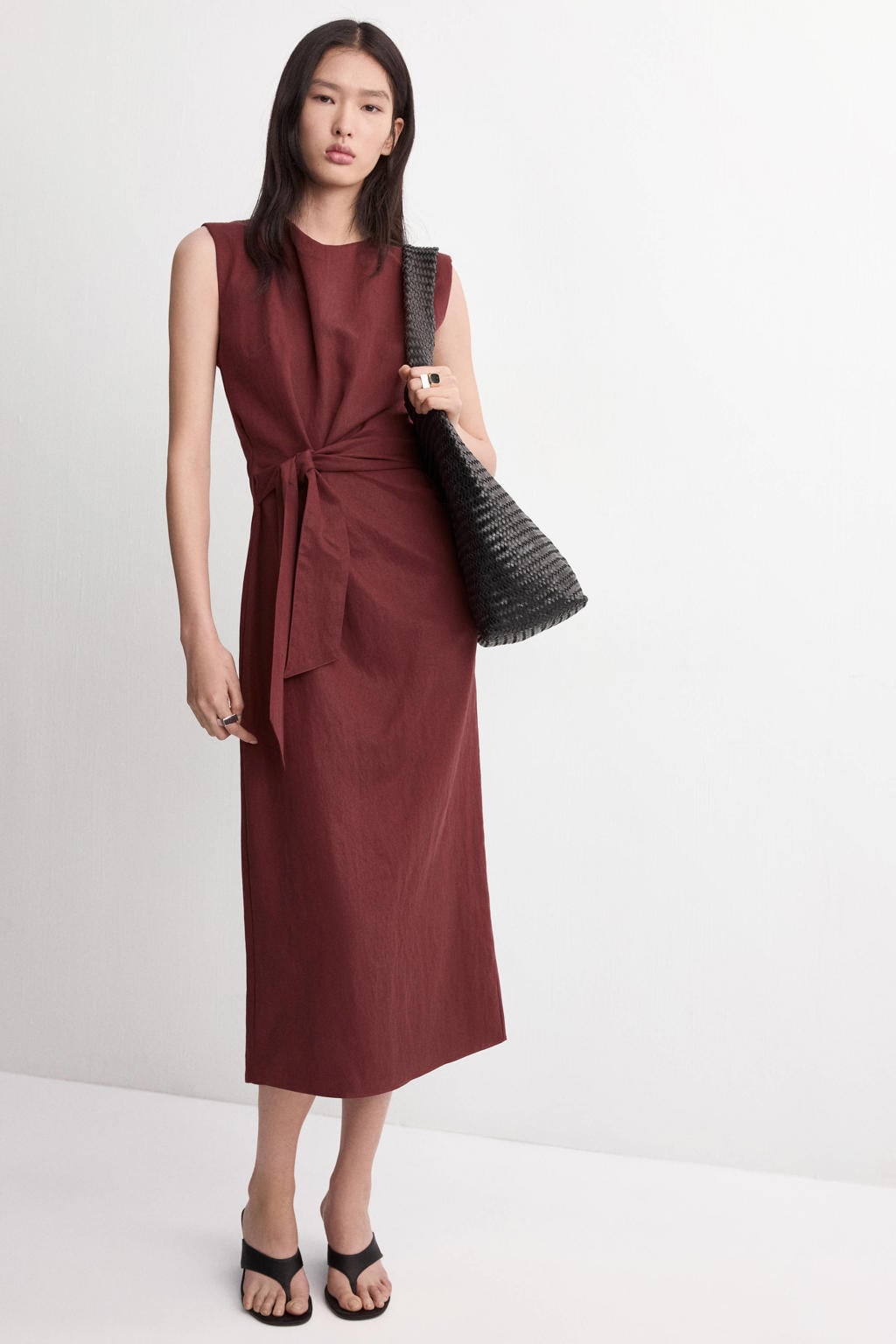 Donkerrode dames Mango zomerjurk van lyocell met effen, ronde hals, ritssluiting en knoopdetail