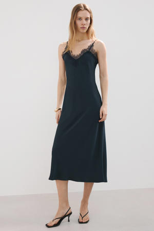satijnen jurk met kant marineblauw