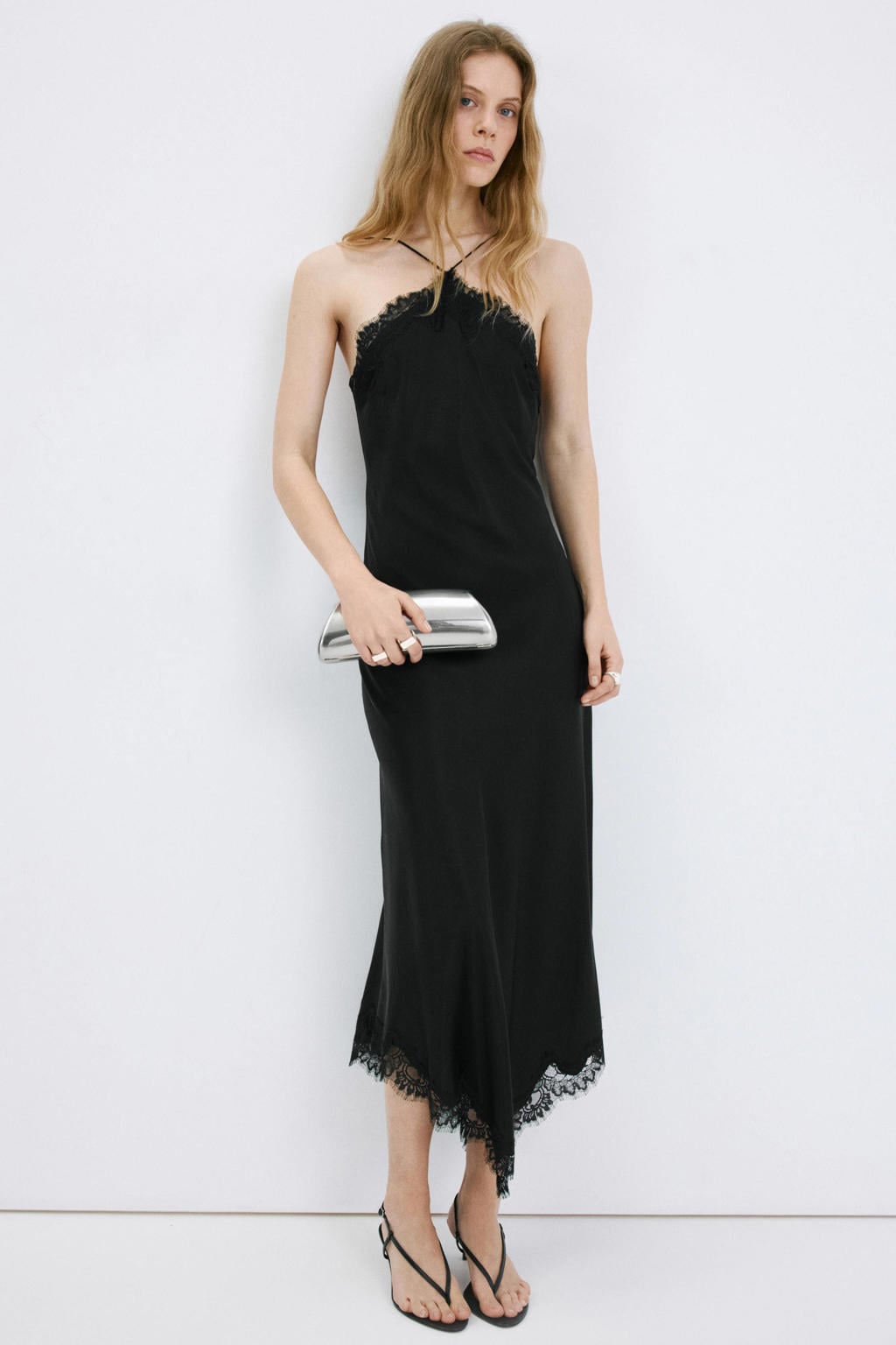 Zwarte dames Mango maxi jurk van viscose met effen, halterkraag en kant
