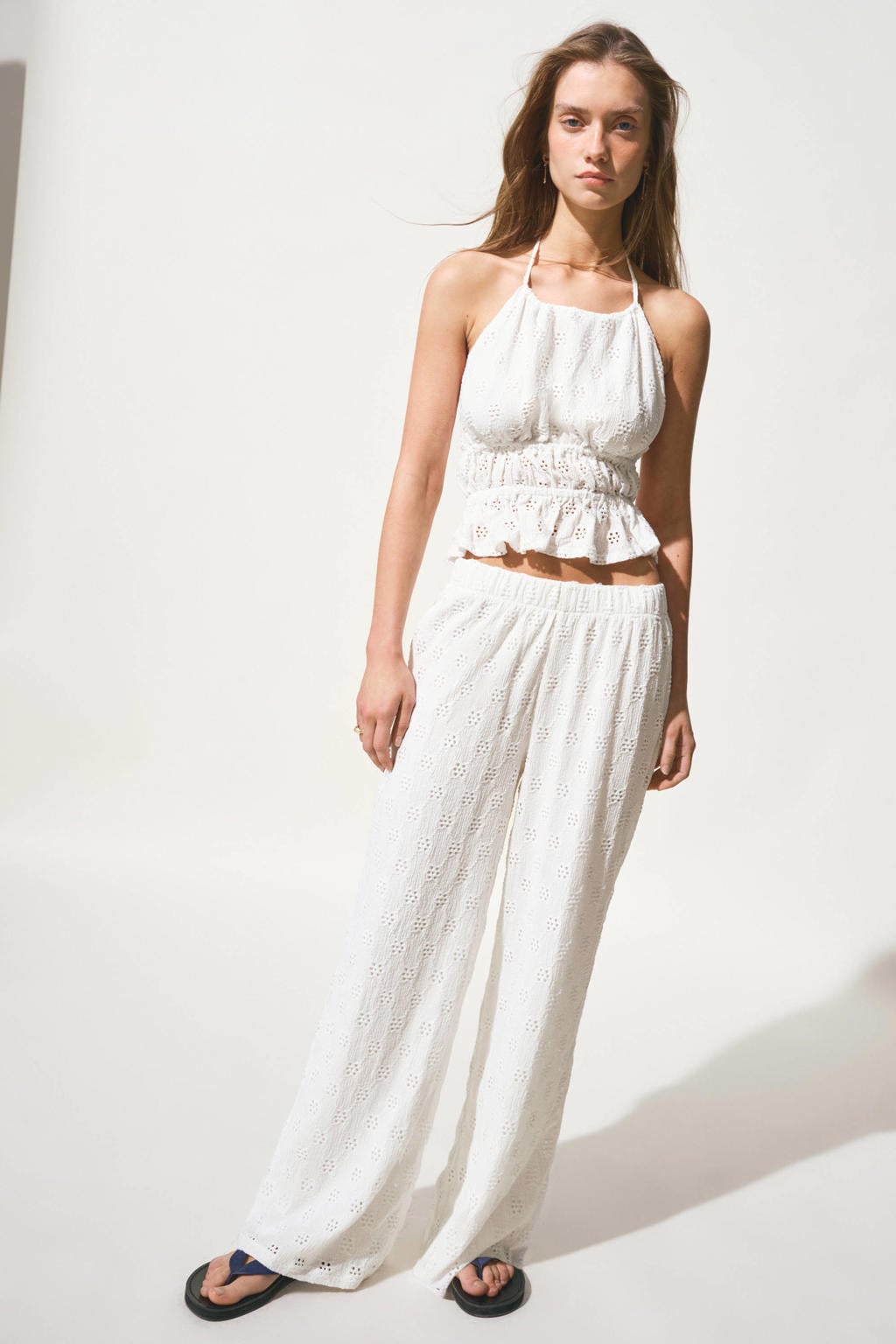 Witte meisjes MANGO TEEN haltertop ajour van polyester met effen en striksluiting