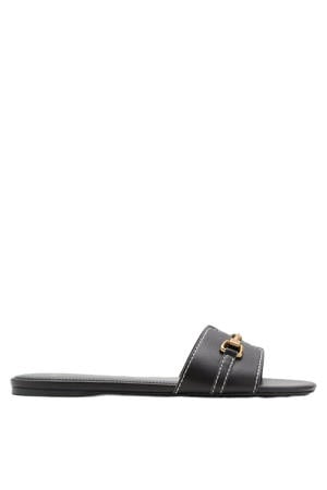 leren slippers met siergesp donkerbruin