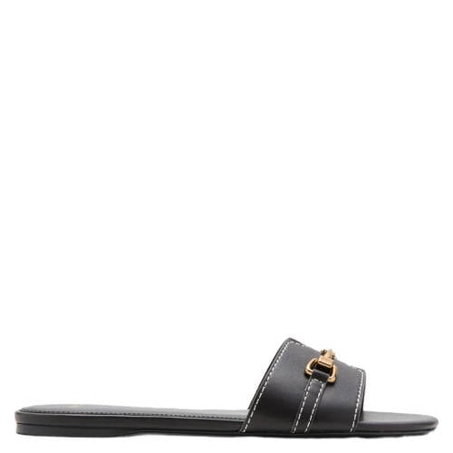 Mango leren slippers met siergesp donkerbruin