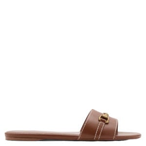 leren slippers met siergesp cognac