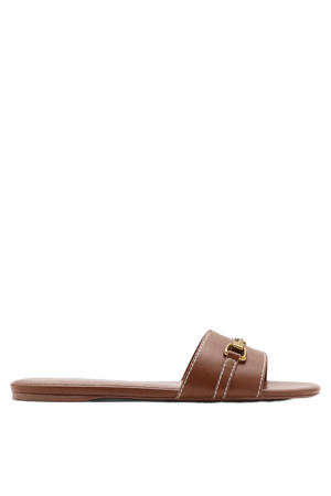 leren slippers met siergesp cognac