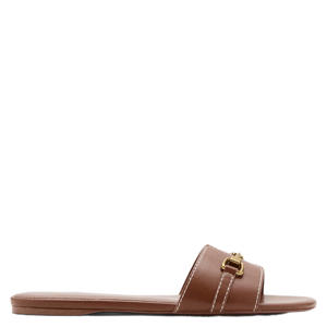 leren slippers met siergesp cognac