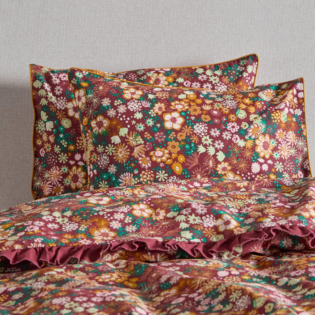 NOUS Living katoenen gebloemde gestreepte kussensloop 40x55 cm - donkerrood