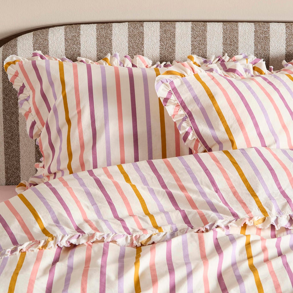 NOUS Living katoenen gestreepte lits-jumeaux dekbedovertrek 240x220 cm - roze