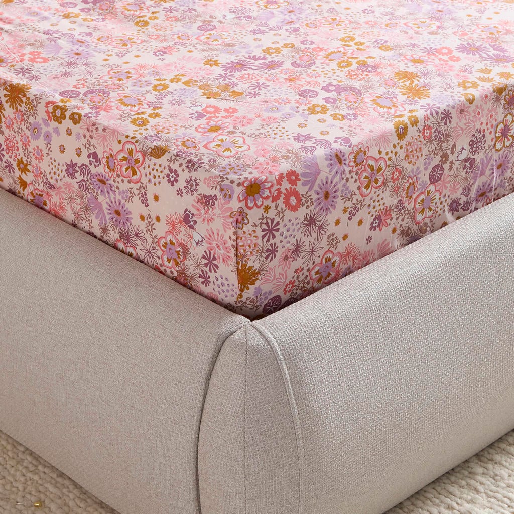 NOUS Kids gebloemde katoenen hoeslaken ledikant 60x120 cm - roze