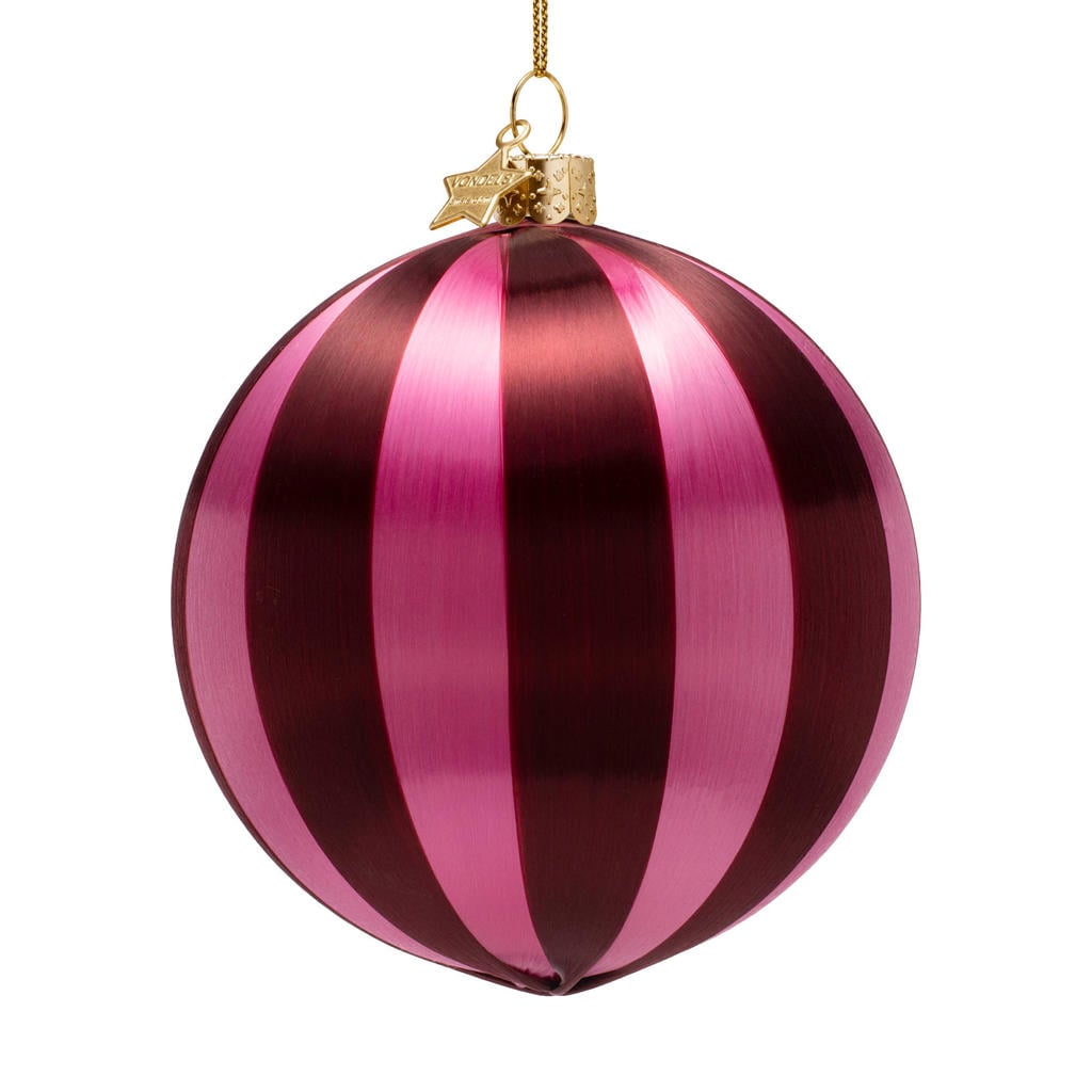 Vondels kerstballen burgundy/roze gestreept (ø12cm)