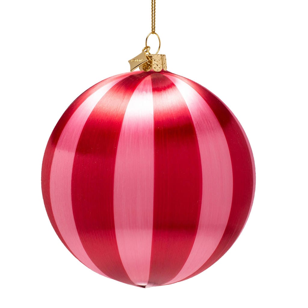 Vondels kerstballen roze/rood gestreept (ø12cm)